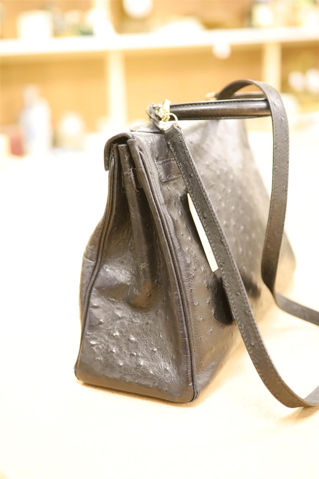 A Hermes Sac a depeches (Kelly) bag, ostrich skin, circa 1940s, (undated - prior to 1945)